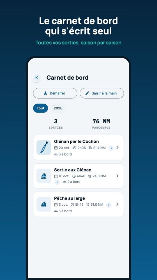Carnet de bord avec la liste des sorties