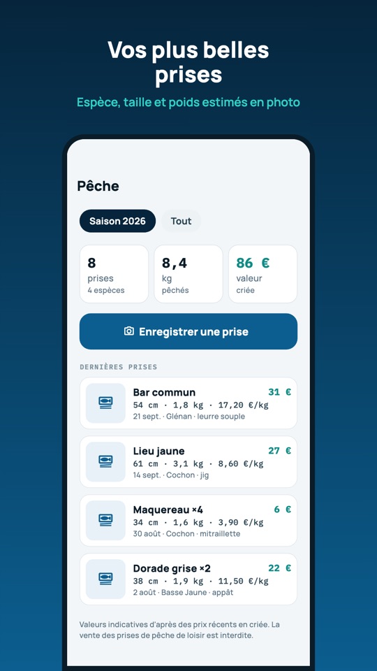 Liste des prises de pêche avec leur valeur